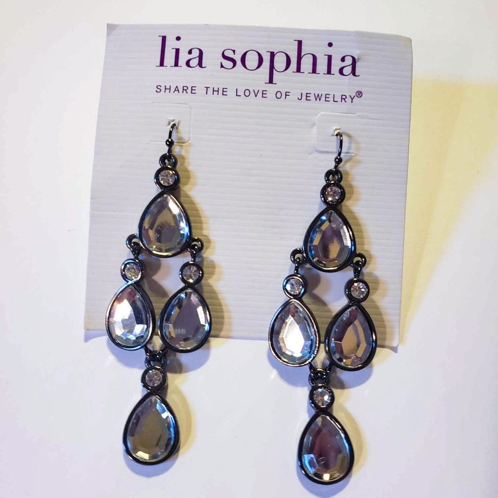 LIA SOPHIA Gunmetal Clear Crystal Drop Earrings - 3.25 in.